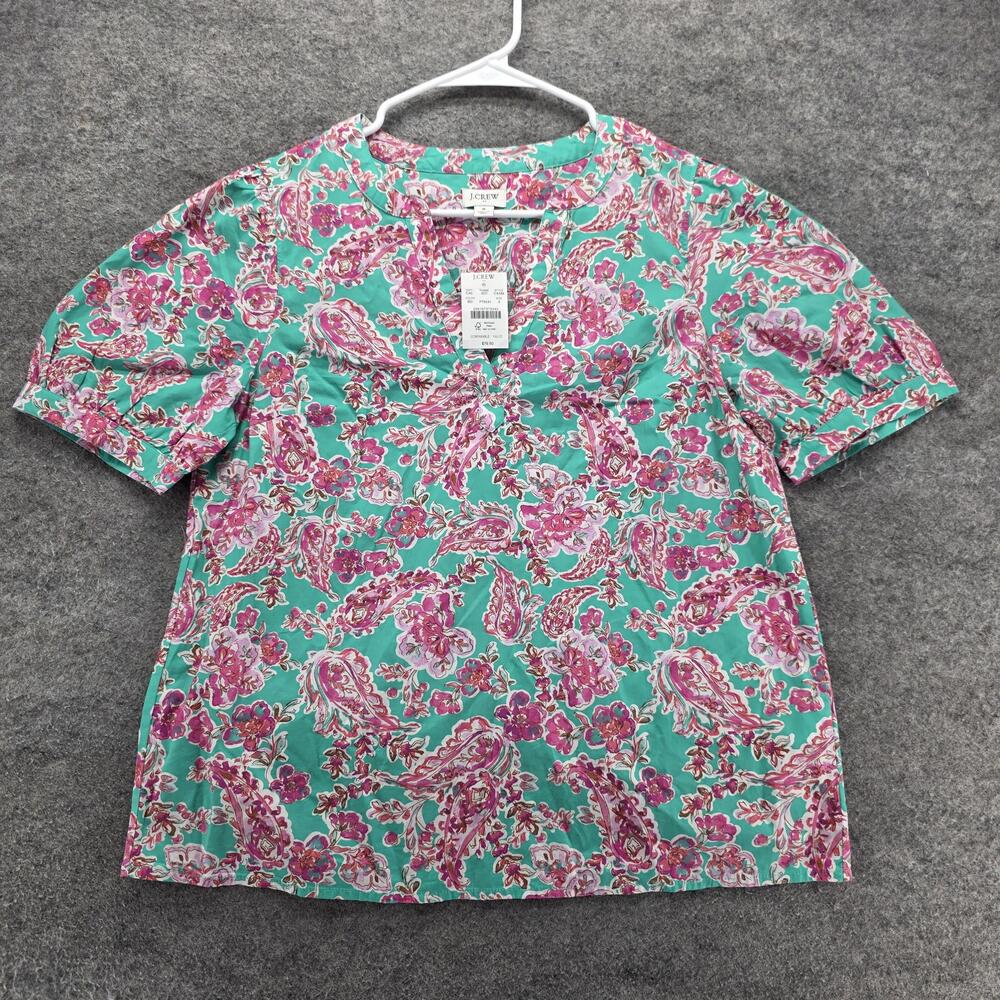 J.CREW Blouse Tunic Womens S Green Floral V-Neck Short Sleeve Button Pleated